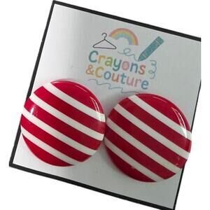 Vintage Plastic Mod Striped Pierced Earrings Red White Disk Circle Round Retro